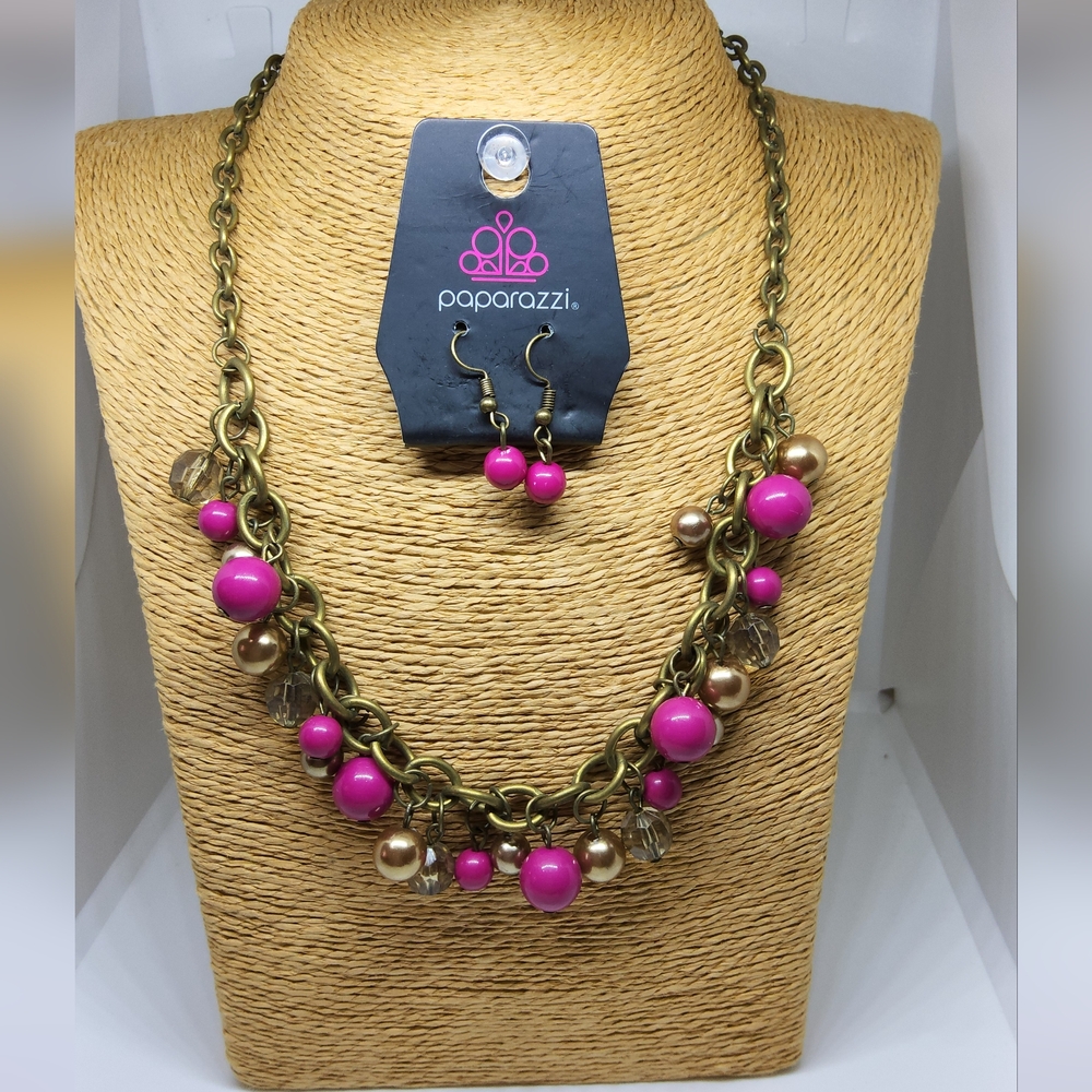 paparazzi Fuchsia and Gold Beaded Multi-Strand Chain Necklace with Earrings